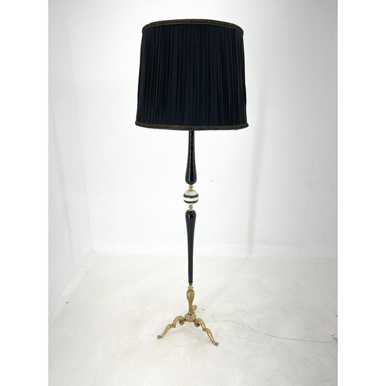 Image 1 of Vintage Stehlampe aus Messing, Onyx und brüniertem Holz mit Stoffschirm, Italien 1950er Jahre