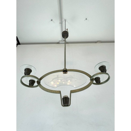 Image 1 of Vintage Art Deco Kronleuchter aus massivem lackiertem Messing und Glas von Pietro Chiesa, Italien 1930