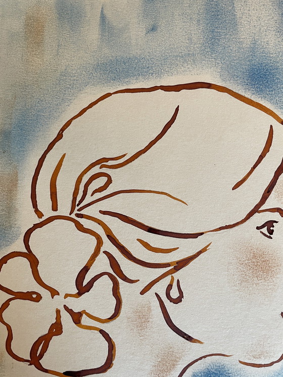Image 1 of Gemälde Pastell Tinte Porträt Weiblich Die Blume Art Deco