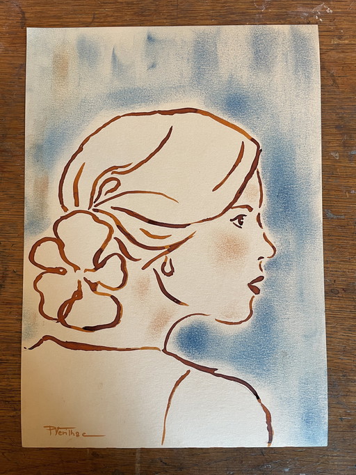 Gemälde Pastell Tinte Porträt Weiblich Die Blume Art Deco