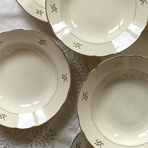 Lot Von 6 Suppenteller Alte Steingut Cremefarbe Und Vergoldung Mit Blumen Villeroy Et Boch