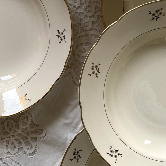 Image 1 of Lot Von 6 Suppenteller Alte Steingut Cremefarbe Und Vergoldung Mit Blumen Villeroy Et Boch