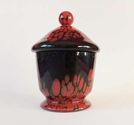 Seltene Kralik Art-Deco Schwarz/Rot 'Tango' Glasschale mit Deckel 1930S