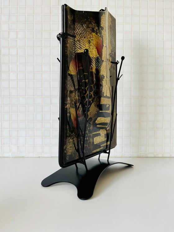 Image 1 of Italienische Vase Glas Kunstwerk Design auf Metall Stand Farben Schwarz Gold Kunst