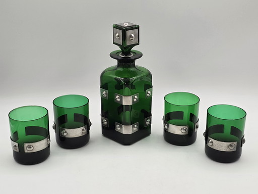 Vintage Whisky Set, Smaragdgrün mit Applikationen