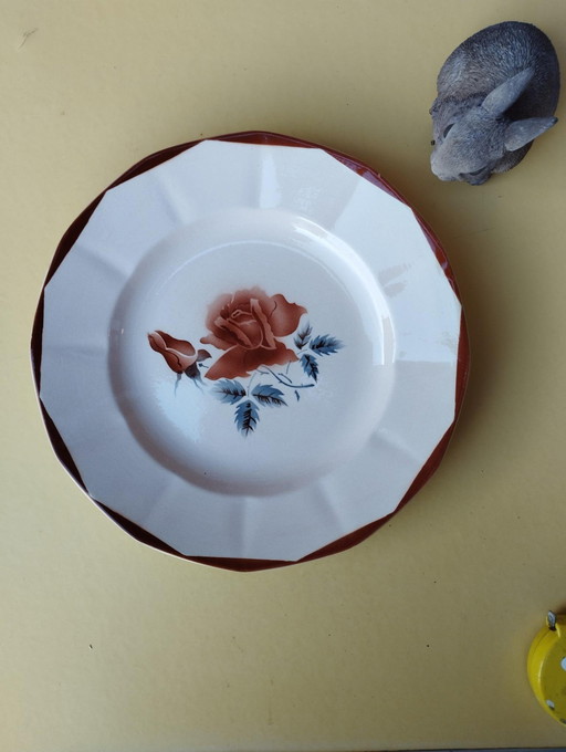Digoin Sarreguemines-Tischdekoration-Antikes Geschirr-Formstück-Servierplatte-sehr großer Teller-Rose - D: 27.50 Cm