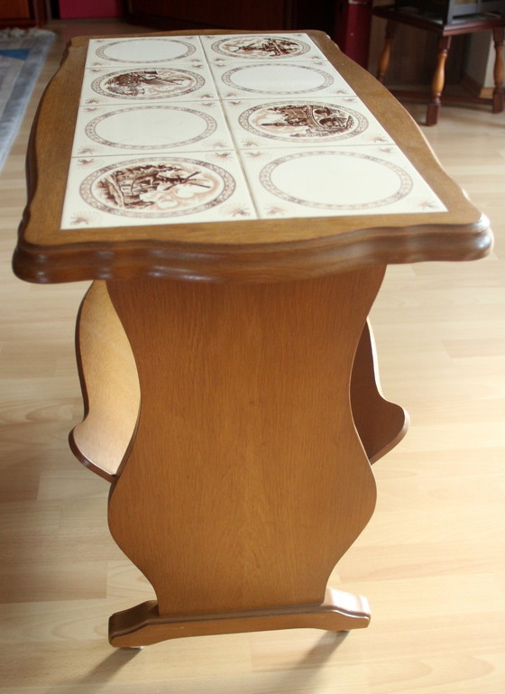 Image 1 of Mid Century Zeitungswagen Holz mit Keramikfliesen, auf Rollen, Vintage
