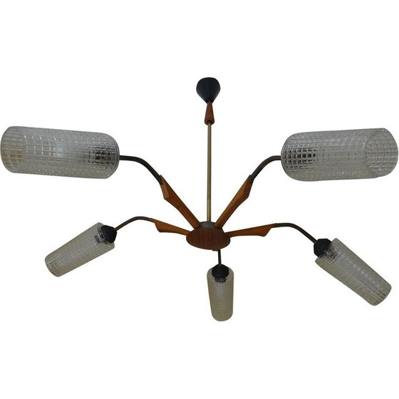 Image 1 of Skandinavischer Vintage-Kronleuchter aus Teakholz und Glas