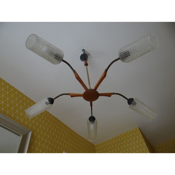 Image 1 of Skandinavischer Vintage-Kronleuchter aus Teakholz und Glas