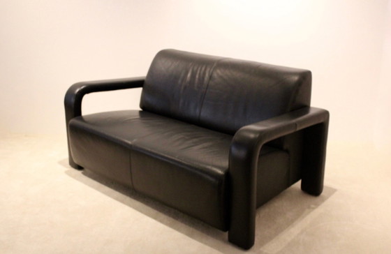 Image 1 of Marinelli Schwarzes Leder Zweisitzer Sofa, Italien