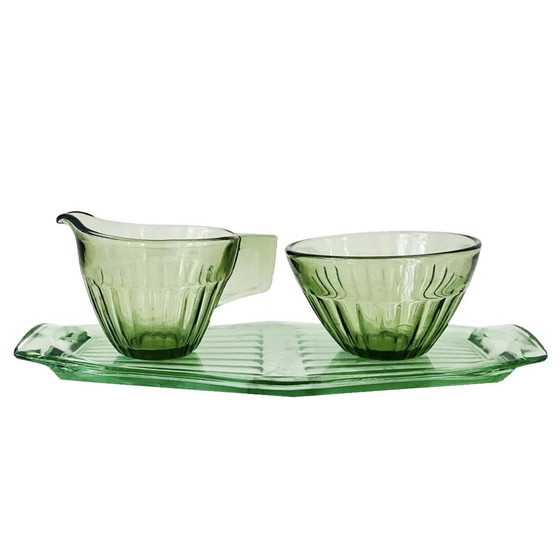 Image 1 of Art deco Creme Set Grünes Glas Andries Kopierer