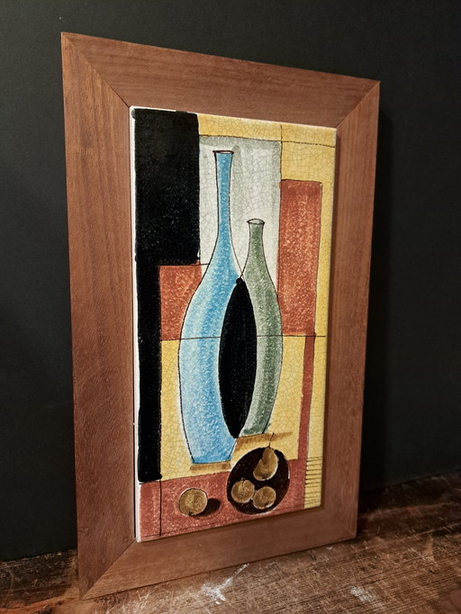 Keramik Vintage 1960'S Italienisch Keramik Wand Modernistic Flasche Motiv Fliese mit hölzernen Rahmen