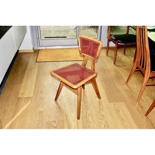 Vintage-Stuhl aus Buche und rot-schwarzem Rohr von Pierre Cruège für Roset, 1950