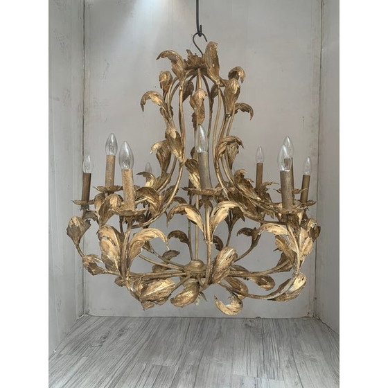 Image 1 of Florentiner Kunst Gold handgefertigt lackiertem Metall 10 Licht Schmiedeeisen Kronleuchter, Made in Italy