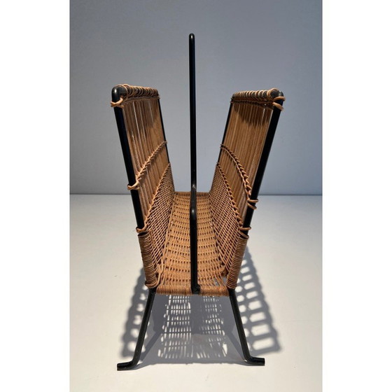 Image 1 of Vintage-Zeitschriftenständer aus schwarz lackiertem Metall und Rattan, 1940