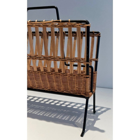 Image 1 of Vintage-Zeitschriftenständer aus schwarz lackiertem Metall und Rattan, 1940