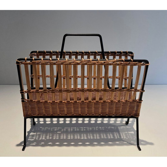 Image 1 of Vintage-Zeitschriftenständer aus schwarz lackiertem Metall und Rattan, 1940