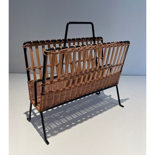 Vintage-Zeitschriftenständer aus schwarz lackiertem Metall und Rattan, 1940