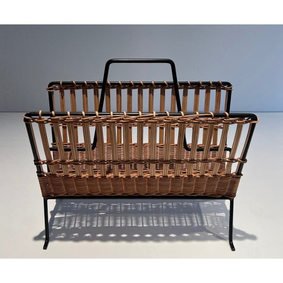 Image 1 of Vintage-Zeitschriftenständer aus schwarz lackiertem Metall und Rattan, 1940