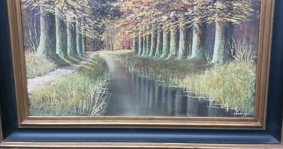 Image 1 of Ölgemälde mit Baumreihe am Wasser signiert Verkerk