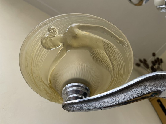 Image 1 of Lampe Hängelampe Art Deco 1930er Jahre mit Nixen Gelbe Schalen Französisch