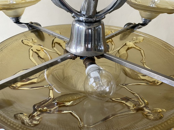 Image 1 of Lampe Hängelampe Art Deco 1930er Jahre mit Nixen Gelbe Schalen Französisch