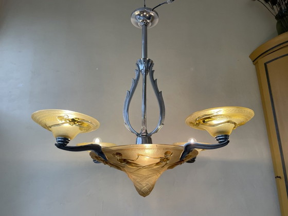 Image 1 of Lampe Hängelampe Art Deco 1930er Jahre mit Nixen Gelbe Schalen Französisch