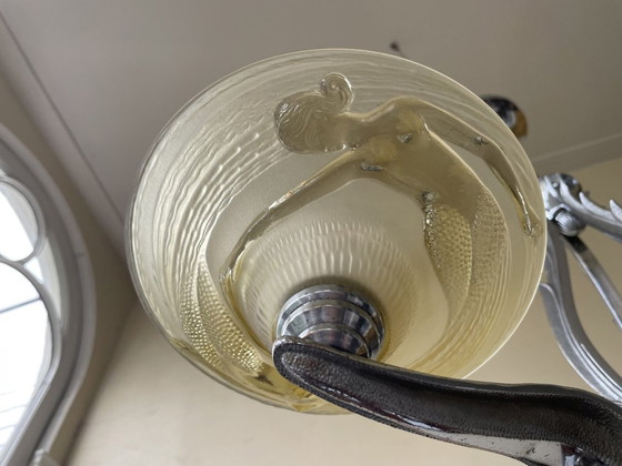 Image 1 of Lampe Hängelampe Art Deco 1930er Jahre mit Nixen Gelbe Schalen Französisch