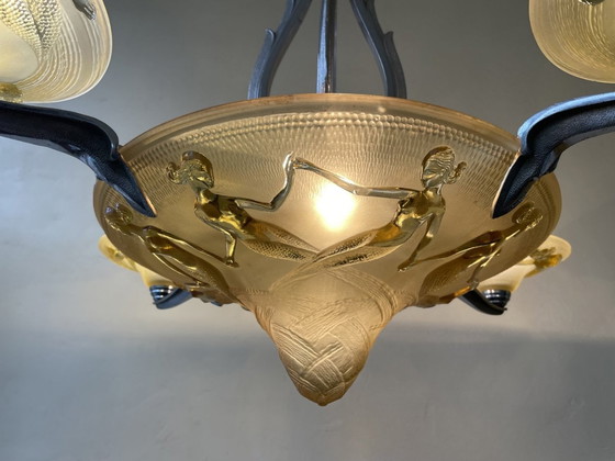 Image 1 of Lampe Hängelampe Art Deco 1930er Jahre mit Nixen Gelbe Schalen Französisch