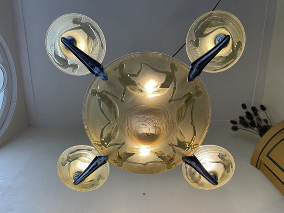 Image 1 of Lampe Hängelampe Art Deco 1930er Jahre mit Nixen Gelbe Schalen Französisch