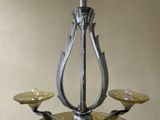 Image 1 of Lampe Hängelampe Art Deco 1930er Jahre mit Nixen Gelbe Schalen Französisch