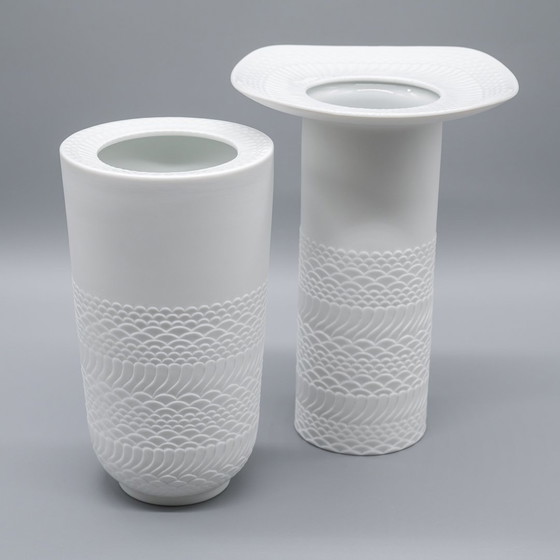 Image 1 of Seltene Manfred Frey Ak Kaiser Biskuit Porzellan Natur Relief Op Art Vase Duo Mcm