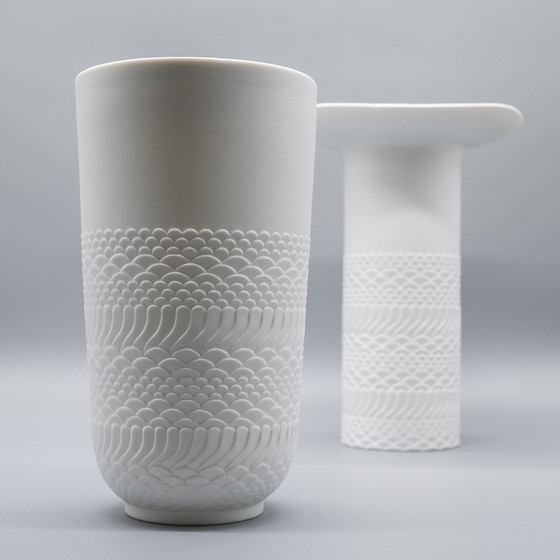 Image 1 of Seltene Manfred Frey Ak Kaiser Biskuit Porzellan Natur Relief Op Art Vase Duo Mcm