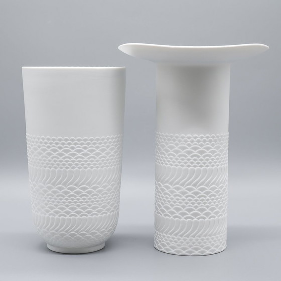 Image 1 of Seltene Manfred Frey Ak Kaiser Biskuit Porzellan Natur Relief Op Art Vase Duo Mcm