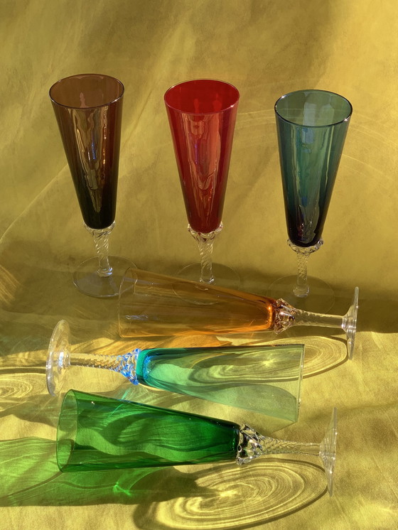 Image 1 of  6X Murano mundgeblasene farbige Champagnerflöten