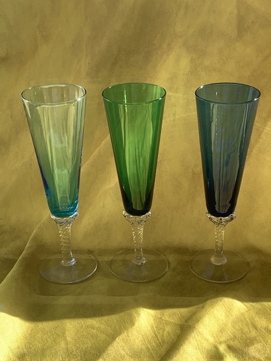 Image 1 of  6X Murano mundgeblasene farbige Champagnerflöten