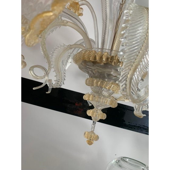 Image 1 of Venezianischer Kronleuchter aus transparentem und goldenem Muranoglas mit Blumen und Blättern