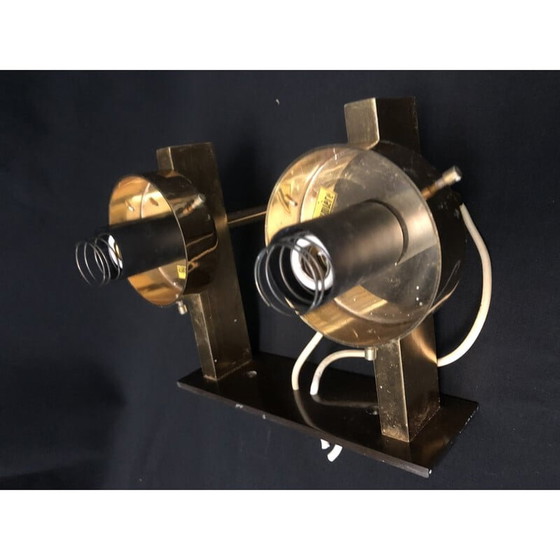 Image 1 of Paar italienische Wandlampen aus Messing mit blauen Glasschirmen, 1960