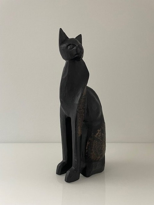 Statue Stilisierte Katze - 31Cm hoch Vintage Holzschnitt Kunst
