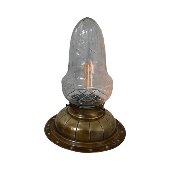 Image 1 of Art deco/frühe 30er Jahre - Deckenleuchte mit Kristallschirm - Messingfuß und Keramikfassung - Vollständig original!