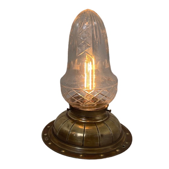 Image 1 of Art deco/frühe 30er Jahre - Deckenleuchte mit Kristallschirm - Messingfuß und Keramikfassung - Vollständig original!