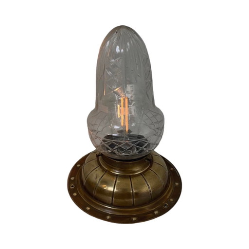 Art deco/frühe 30er Jahre - Deckenleuchte mit Kristallschirm - Messingfuß und Keramikfassung - Vollständig original!