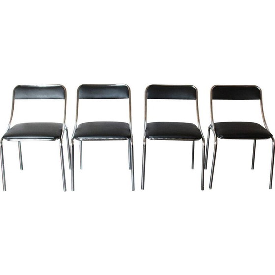 Image 1 of Satz von 4 verchromten Vintage-Struktur und Skai-Bezug Esszimmerstühle, 1970er Jahre
