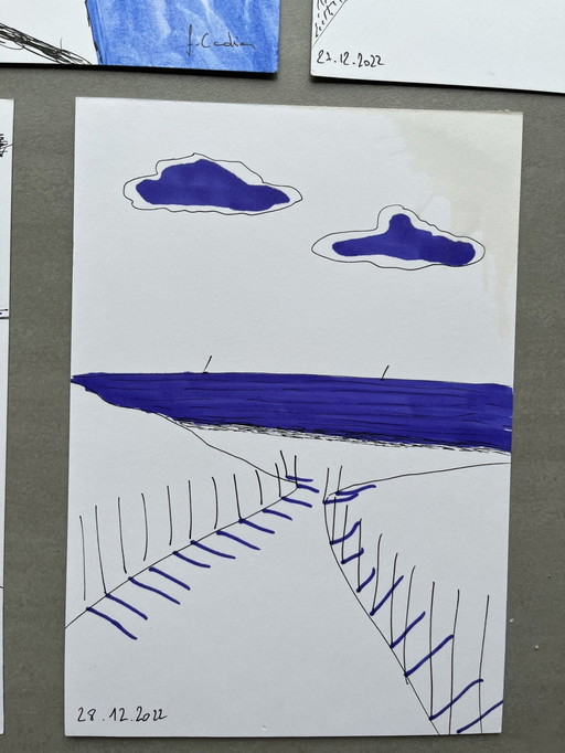 Lot von 5 Skizzen auf weißem 250g-Papier. Format 21x14,5 cm.