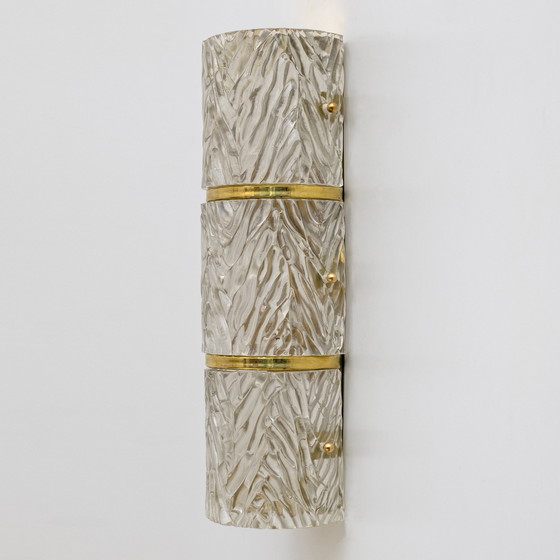 Image 1 of Paar moderne italienische Wandleuchten aus Messing und strukturiertem Muranoglas