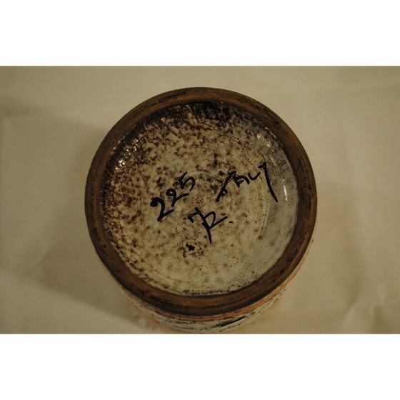 Image 1 of Orangefarbene Sgrafitto-Vase mit Keramiklöwe, 1950