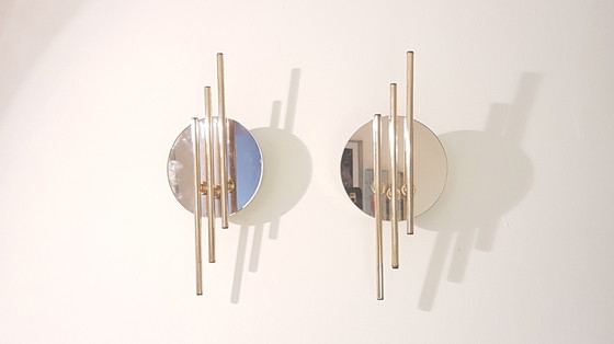 Image 1 of Midcentury Modernist Wandleuchten aus Spiegelglas und Gold von Massive