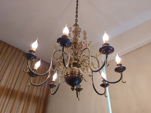 Niederländischer Messingkronleuchter mit 8 Kerzenlichtern ca. 1960 Vintage