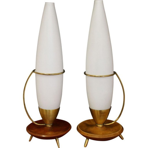 Paar alte Teakholz- und Messing-Stativlampen Philips 1960