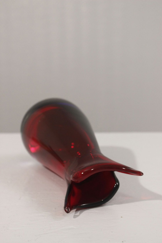 Image 1 of Vase Sommerso Murano Rot & Blau Hals Gezogen Italien 1960S Stil Poli Seguso